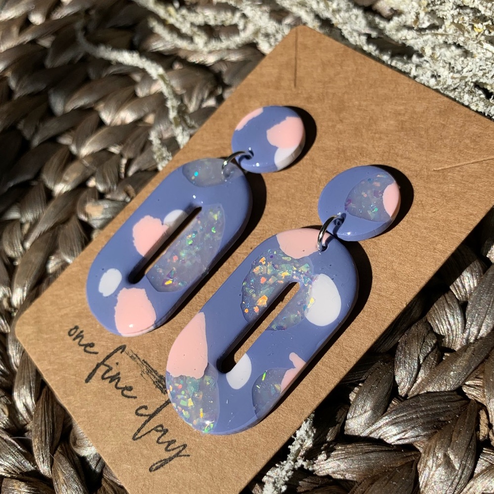 Blue, Pink, and Opal Clay & Resin Dangle Earrings